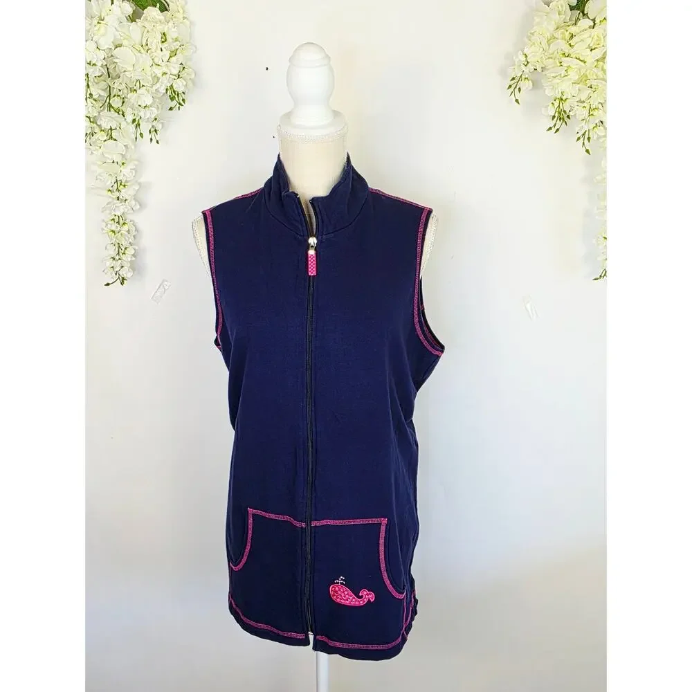 The Quacker Factory Lounge Outfit Set Large Navy Pink Whale Zip Vest Coastal